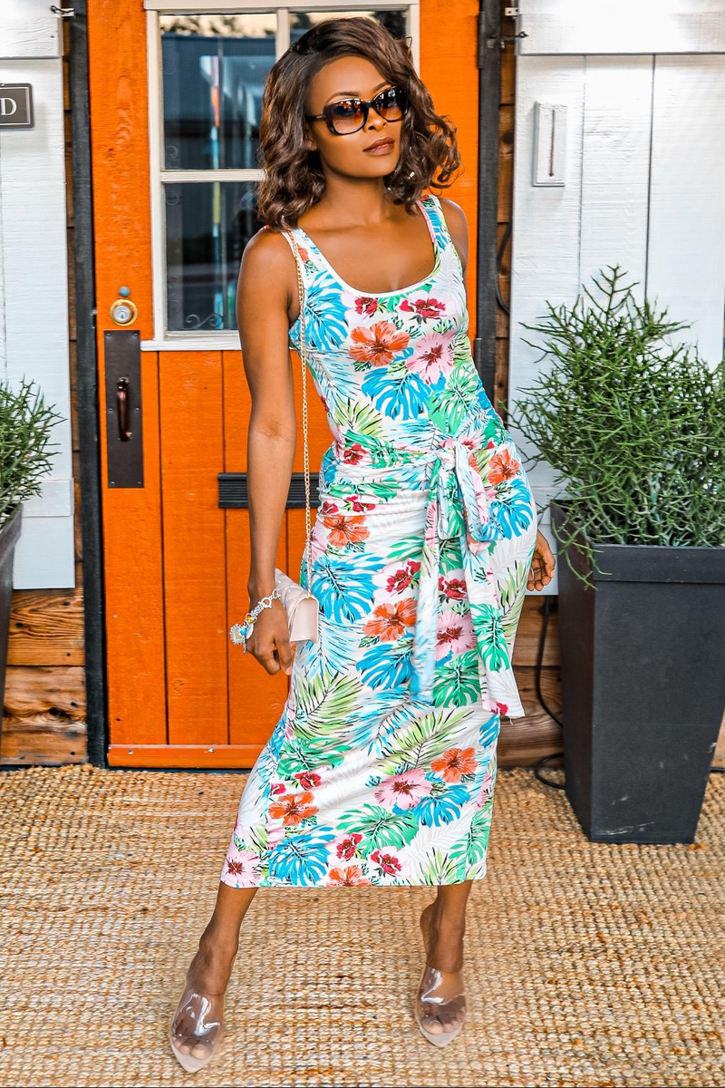 Tropical Print Bodycon Maxi Dress with Front Tie Waist