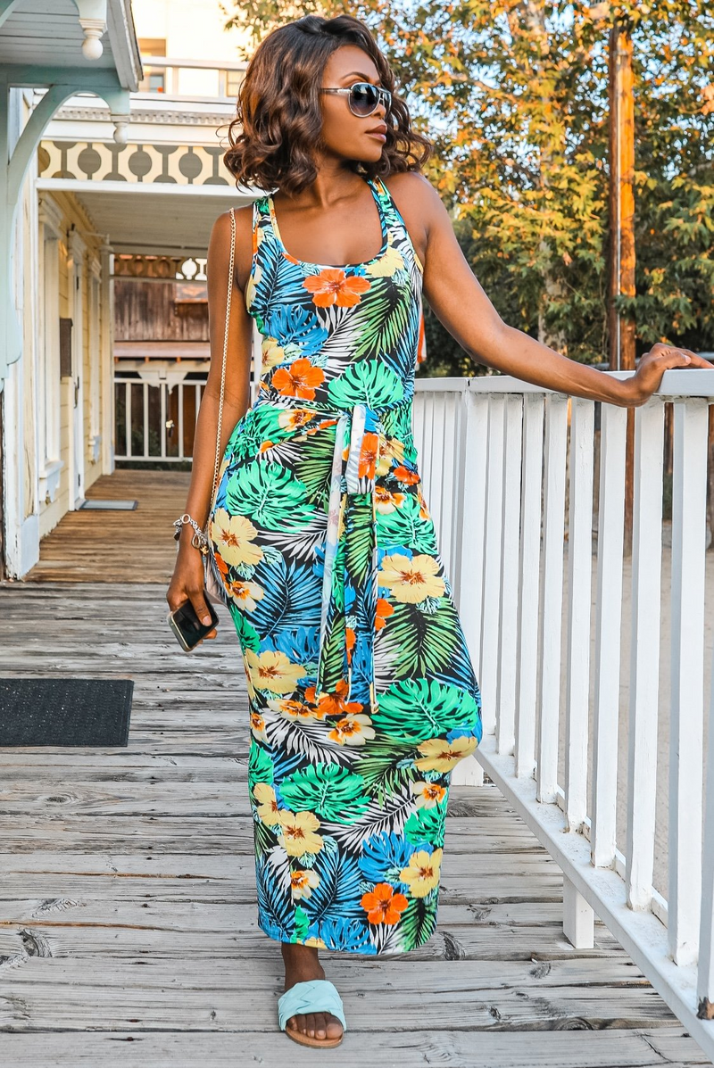 Tropical Print Bodycon Maxi Dress with Front Tie Waist