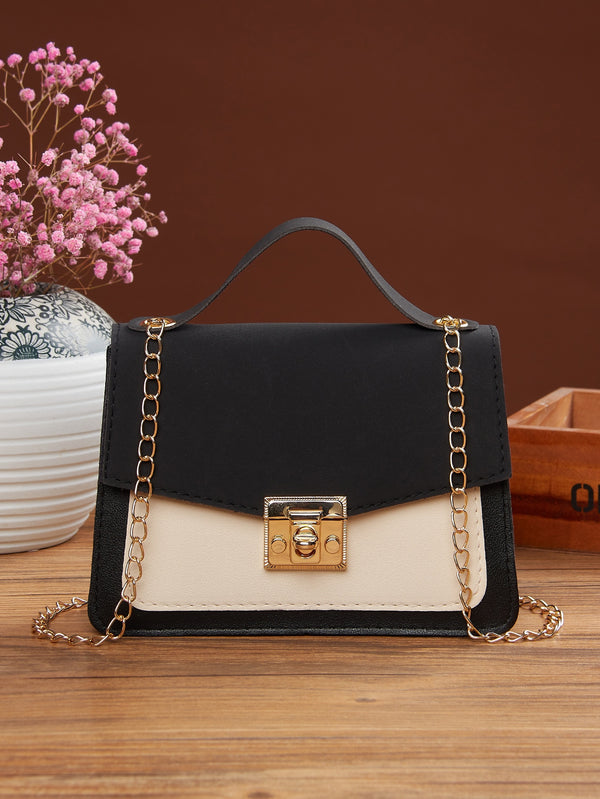 Mini Twist Lock Color Block Flap Chain Satchel Bag