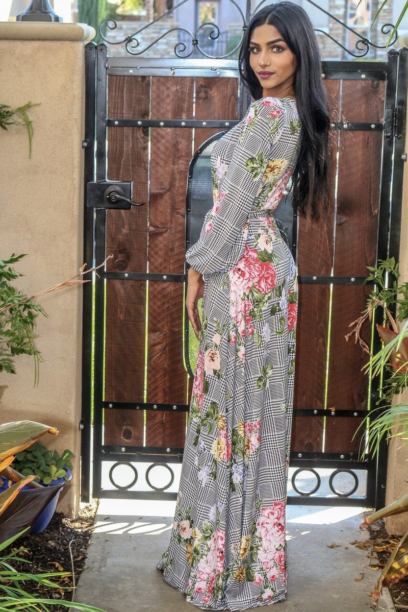 Venechia Print Round Neck Maxi Dress with long closed Bell Sleeves White