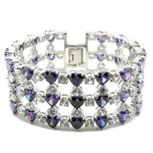 62204 - Rhodium Brass Bracelet with AAA Grade CZ  in Amethyst