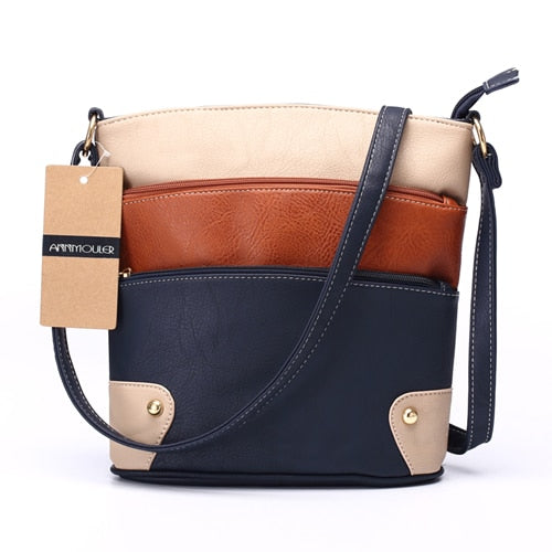 Annmouler Women Patchwork Shoulder Bag 4 Colors Crossbody Bag Tote Bag Three Zipper Messenger Bag High Quality Bolsos Mujer