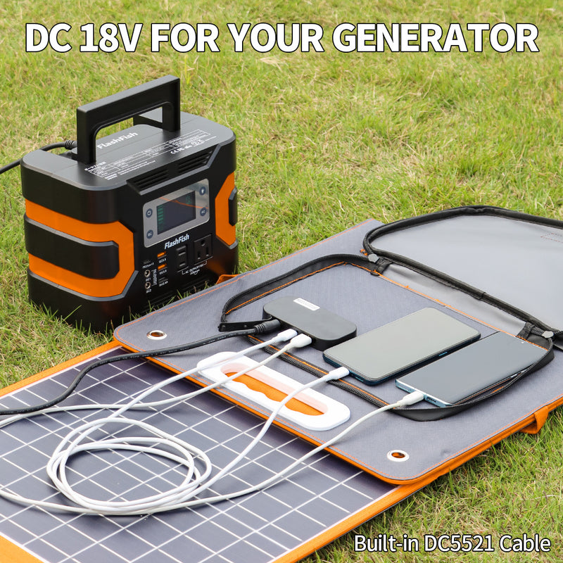 100W 18V Portable Solar Panel, Flashfish Foldable Solar Charger with  5V USB 18V DC Output Type-C Output Compatible with Portable Generator, Smartphones, Tablets and More