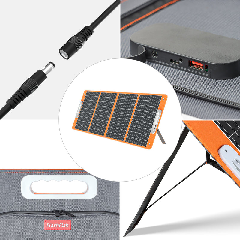 100W 18V Portable Solar Panel, Flashfish Foldable Solar Charger with  5V USB 18V DC Output Type-C Output Compatible with Portable Generator, Smartphones, Tablets and More