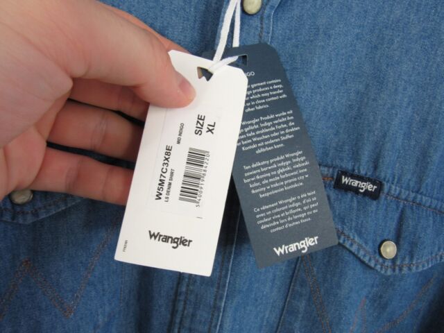 BNWT Mens Wrangler Denim Shirt Long Sleeve Mid Indigo Regular