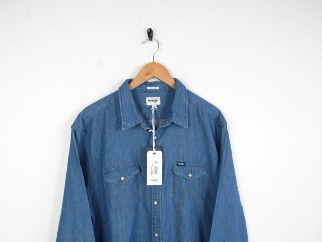 BNWT Mens Wrangler Denim Shirt Long Sleeve Mid Indigo Regular