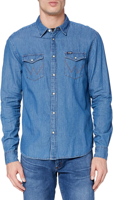 BNWT Mens Wrangler Denim Shirt Long Sleeve Mid Indigo Regular